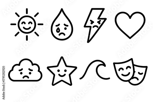 Emotional Icon Spectrum. Emotional Spectrum linear icons: joy sun, tear drop, lightning anger, heart love, cloud worry, star excitement, wave calm, mask duality.