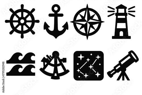 Maritime Icon Collection. Maritime Navigation silhouette icons set: ship wheel, anchor, compass rose, lighthouse, sextant, ocean waves, star map, telescope.