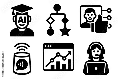 AI Education Icons. AI Learning Tools silhouette icons set: AI tutor, adaptive course path, recommendation algorithm, voice assistant, analytics chart, virtual study assistant.