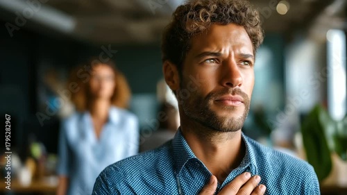 Man feeling jealous of his successful colleague receiving congratulations in office, selective focus, under soft office light highlighting emotion and tension, serene workplace sce