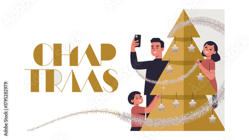 Christmas Family Moment: A family is seen around a decorated Christmas tree, a father taking a picture of the scene with his phone. The image evokes feelings of togetherness and seasonal joy. 