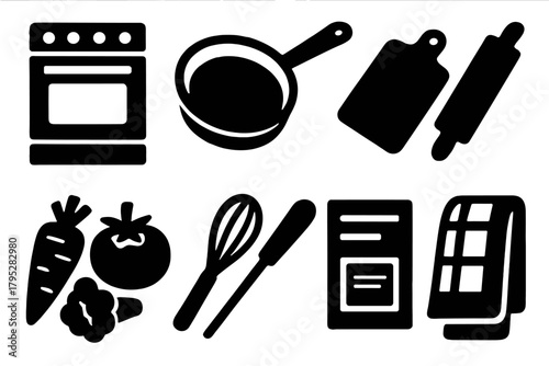 Bold Kitchen Icons. Kitchen Workshop Icons silhouette icons set: stove, pan, cutting board, rolling pin, vegetables, whisk, recipe card, towel.
