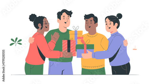 Exchange of Gifts: Friends exchange wrapped gifts, their smiles reflect the happiness of sharing in a warm and inviting setting, embodying the spirit of appreciation and friendship.