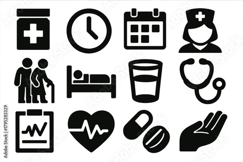 Brutalist Care Icons. LongTerm Care silhouette icons set: medicine box, clock, calendar, nurse, patient, home bed, water cup, stethoscope, chart, heart pulse, pills, comfort hand.