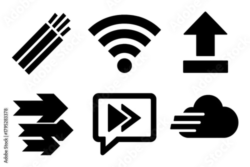 Speed Icons Collection. Digital Speed silhouette icons set: fiber cable, wifi symbol, data upload, acceleration arrows, instant message, fast cloud.