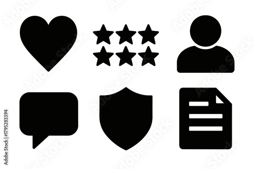Brutalist Trust Icons. Customer trust silhouette icons set: heart, star rating, user avatar, shield, chat bubble, document.