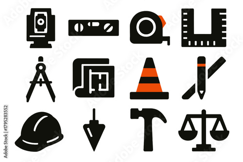 Civil Engineering Icons. Civil Engineering Tools silhouette icons set: theodolite, level, tape measure, ruler, compass, blueprint, cone, pencil, safety helmet, plumb bob, hammer.