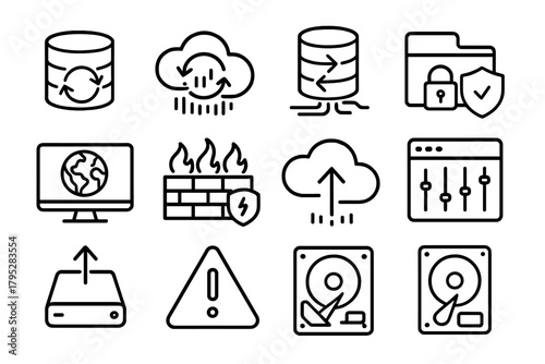 Database Sync Icons. Database Sync linear icons: database stack, cloud server, sync arrows, data stream, secure folder, shield emblem, network map, firewall grid, upload symbol.
