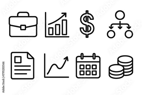 Business Icons Collection. Business Data Trends linear icons: briefcase, chart, dollar sign, arrow flow, report, graph, calendar, coin stack.