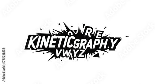 Dynamic typography explosion with bold "KINETICGRAPHY" text and scattered letters
