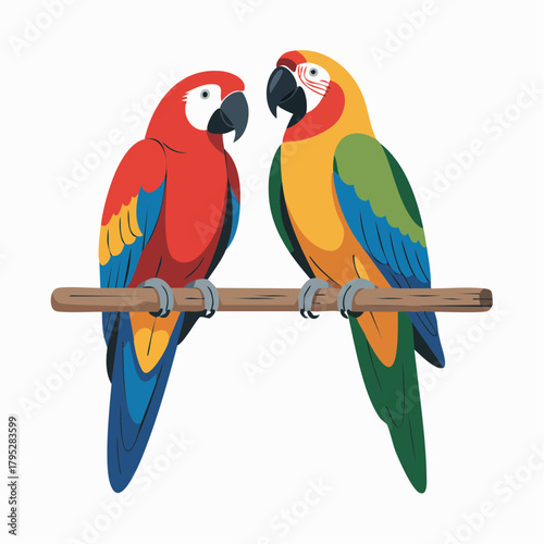 Vibrant scarlet macaw and harlequin macaw perched together, a stunning tropical design originally as scalable vector art for wildlife enthusiasts