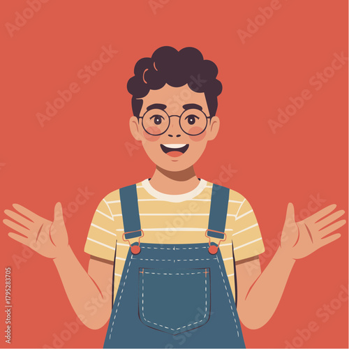 Cheerful young boy with glasses enthusiastically greeting with open arms, radiating positive energy and a friendly welcome perfect for youthful audiences