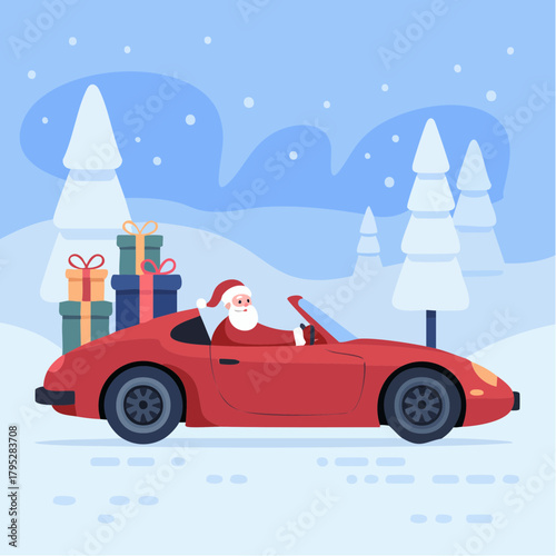 Santa Claus cruises in a red convertible with Christmas gifts in a snowy landscape, bringing holiday cheer and joy, perfect for seasonal marketing campaigns