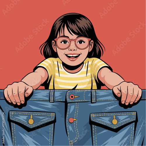 Delighted girl in oversized jeans with a cheerful smile, radiating youthful confidence and playful fashion sense, styled in a modern, comic-book aesthetic