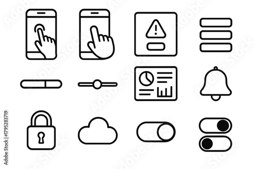 Interactive App Icons. Interactive App linear icons: touchscreen device, swipe gesture, button press, alert popup, menu bar, progress bar, slider control, dashboard screen.
