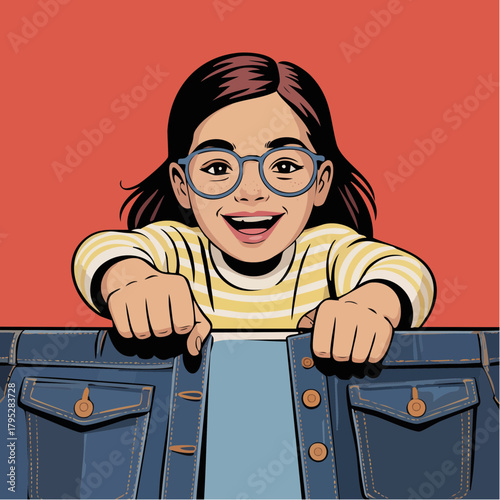 Smiling girl with glasses showing off a denim jacket, exudes youthful joy and trendy style, perfect for fashion or back-to-school marketing