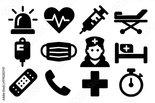 Brutalist Medical Icons. Medical Emergency silhouette icons set: emergency light, heart pulse, syringe, stretcher, IV bag, mask, nurse, hospital bed, bandage, phone, cross.