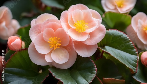 closeup of pale pink begonia flowers with yellow centers and lush green foliage