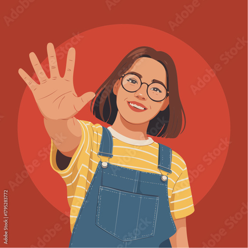 Cheerful young woman with glasses waving hello, radiating positivity and warmth for a friendly greeting, perfect for relatable modern lifestyle content