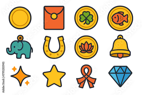 Lucky Charm Icons. Lucky Coins in modern flat vector in minimalistic vibrant color design: gold coin, red envelope, clover coin, fish coin, elephant charm, horseshoe, lotus coin.