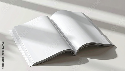 Blank open book on a white surface with soft shadows