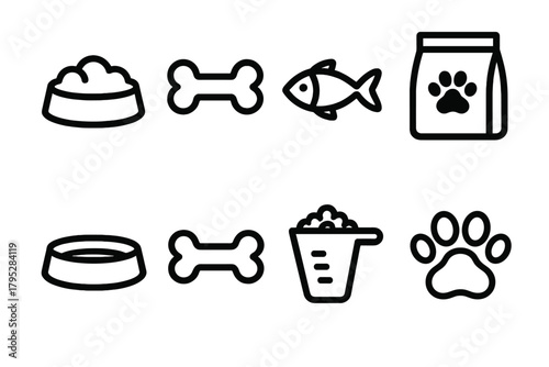 Pet Feeding Icons. Pet Feeding Icons linear icons: food bowl, bone, fish, kibble bag, water bowl, treat, measuring cup, paw print.