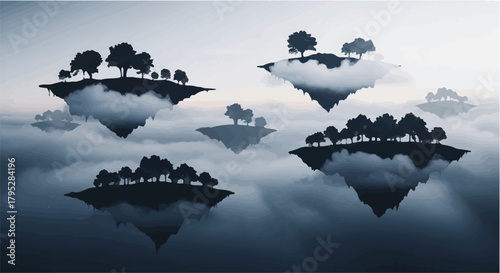 Surreal floating islands with trees emerge from ethereal mist, creating a dreamlike landscape.