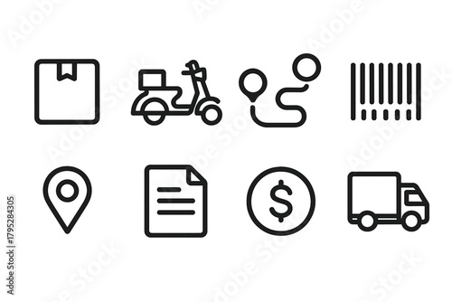 Courier Icon Set. Courier Service Icons linear icons: box, motorbike, route, barcode, map pin, document, coin, truck.