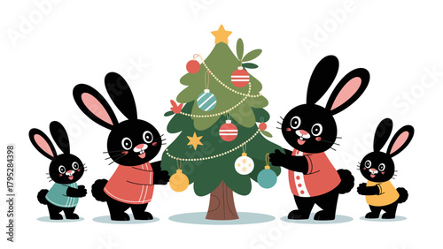 Holiday Bunnies: Cheerful bunnies decorate the christmas tree with bright ornaments and festive cheer, embodying the spirit of the holiday season.
