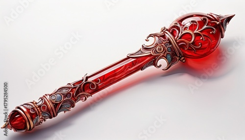 decorative red glass scepter with intricate patterns on white background