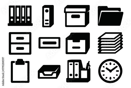 Brutalist Office Icons. Office Storage Rack silhouette icons set: file shelf, binder, box, folder, cabinet, label, drawer, paper stack, clipboard, tray, organizer, clock.