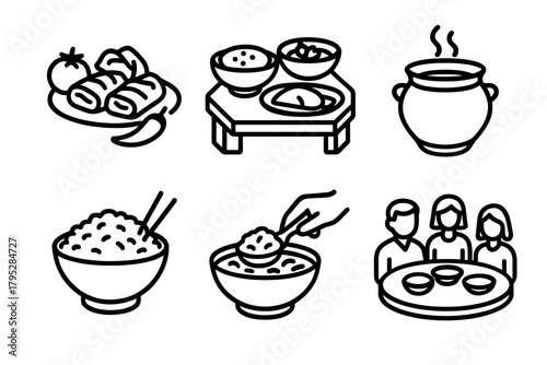 Traditional Culinary Icons. Cultural Feast linear icons: traditional dishes, shared table, clay pot, rice bowl, community serving, family gathering.