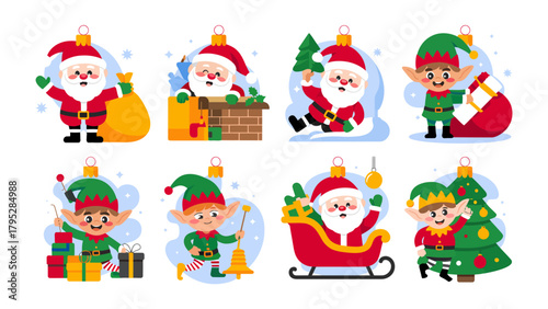 Merry Christmas Festive Collection: This illustration captures the spirit of Christmas. Santa Claus and elf, each depicted in various poses. With the presence of ornaments, trees, and gift.