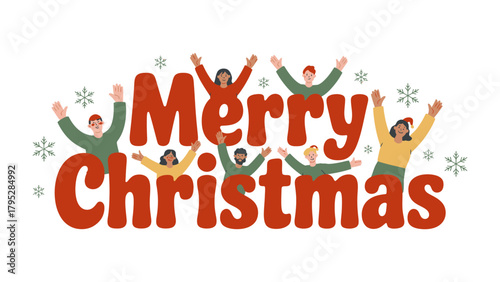 Joyful Christmas Greetings: A vibrant festive scene of Merry Christmas and cheerful, diverse individuals celebrating the joyous holiday spirit, radiating warmth and happiness. 