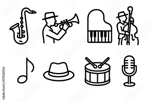 Jazz Band Icons. Jazz Band linear icons: saxophone, trumpet, piano, double bass, note, hat, drum, microphone.