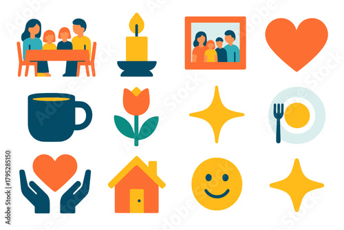 Family Dinner Icons. Family Moments set in modern flat vector in minimalistic vibrant color design: dinner table, candle, photo frame, heart, cup, flower, sparkle, star, plate.
