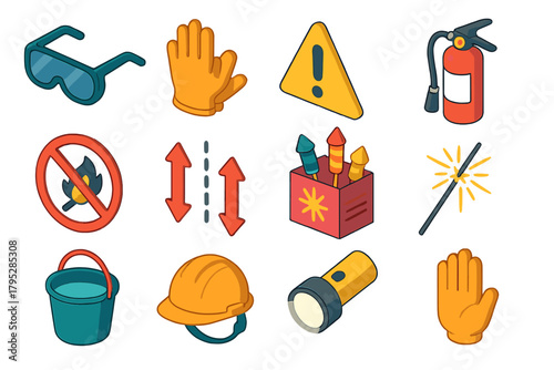 Firecracker Safety Icons. Firecracker Safety flat icons: safety goggles, gloves, warning sign, fire extinguisher, no fire symbol, safe distance marker, fireworks box, sparkler.