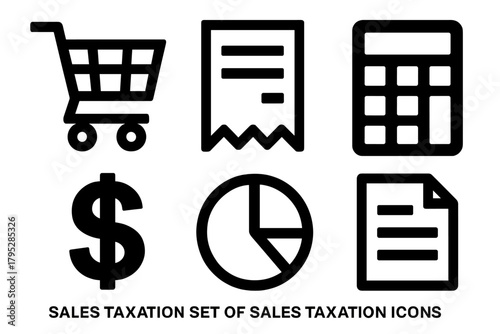Bold Taxation Icons. Sales taxation silhouette icons set: shopping cart, receipt, calculator, dollar sign, pie chart, document paper.