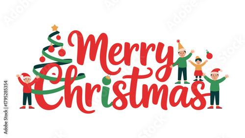 Holiday Joy: Merry Christmas banner of family celebration, Christmas tree and holiday. It's a joyful message for a cheerful holiday.