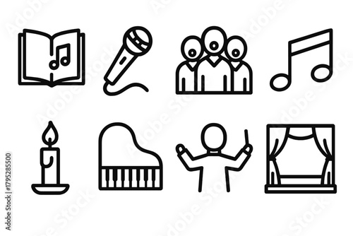 Choir Icons Collection. Choir and Harmony Collection linear icons: songbook, microphone, people singing, music notes, candle, piano, conductor, stage.