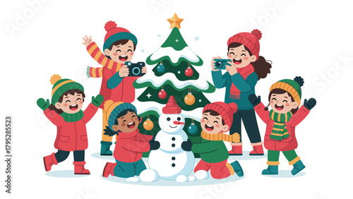 Joyful Winter Celebration: A charming illustration captures the magic of winter with a group of cheerful children gathered around a snowman and a decorated Christmas tree.