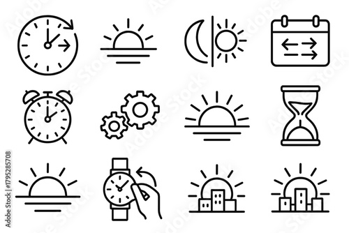 Daylight Saving Icons. Daylight Saving Concept linear icons: clock shifting forward, sun rising, moon fading, calendar with arrows, alarm clock, gear mechanism, daylight rays.