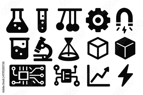 Brutalist Physics Icons. Experimental Physics silhouette icons set: lab flask, test tube, pendulum, beaker, gear, magnet, hologram, 3D cube, circuit board, microscope, graph chart.