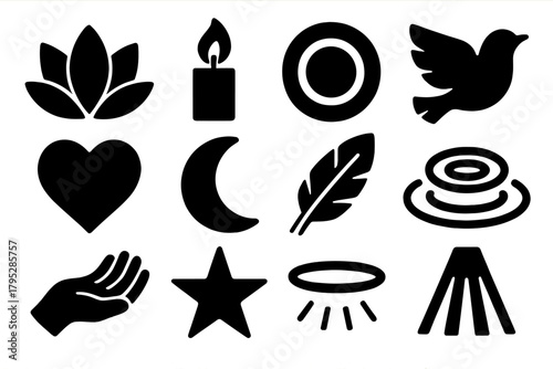 Spiritual Icons Collection. Spiritual Healing silhouette icons set: lotus, candle flame, aura circle, dove, heart, moon, feather, water ripple, hand, star, halo, light beam.