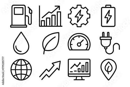 Energy Optimization Icons. Energy Optimization linear icons: fuel pump, chart, gear, lightning bolt, battery, droplet, leaf, speedometer, plug, globe, arrow, data screen.