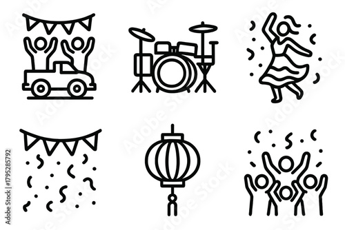 Festive Parade Icons. Cultural Festivity linear icons: parade scene, drum set, dance figure, colorful banner, lantern light, celebration crowd.