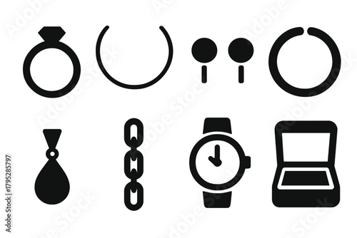 Bold Jewelry Icons. Minimalist Jewelry Set silhouette icons set: ring, thin necklace, stud earrings, bangle, pendant, chain, watch, box.