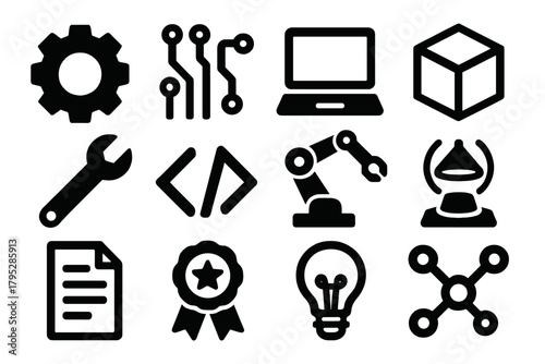 Brutalist Tech Icons. Technical Certification silhouette icons set: gear, circuit board, laptop, 3D cube, wrench, code brackets, robot arm, hologram, document page, badge, light.