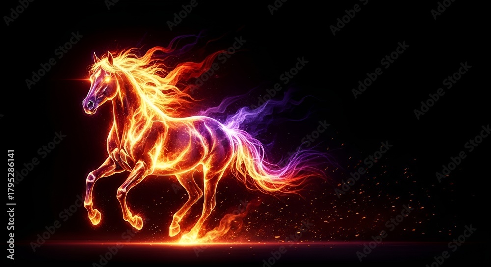 Fototapeta premium Fiery Horse bright Illustration on Dark Background