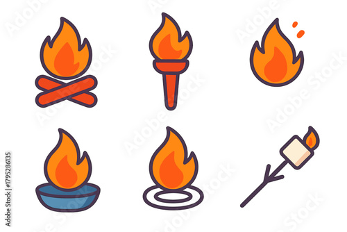 Vibrant Fire Icons. Outdoor Fire in modern flat vector in minimalistic vibrant color design: Bonfire, Torch, Flame, Fire Pit, Spark, Marshmallow Stick.